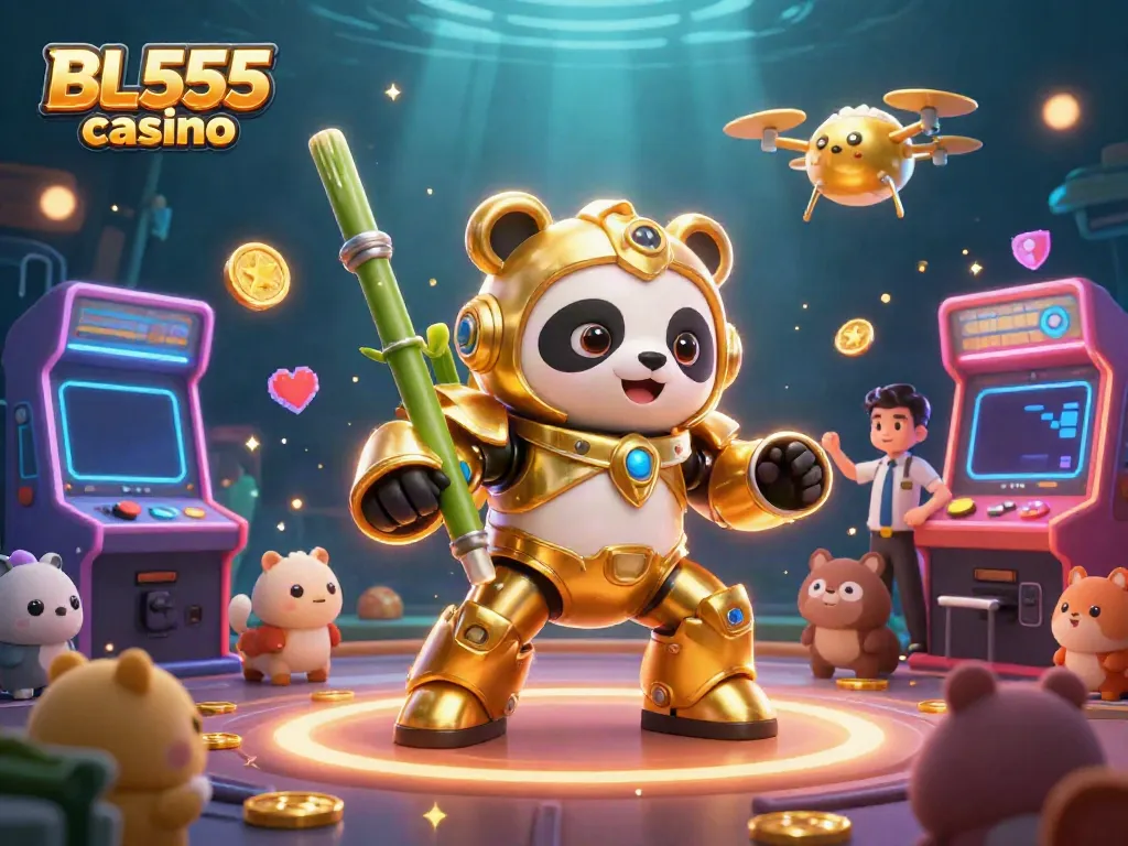 Experience the excitement at BL555 casino with a mech-suit panda in an immersive arcade scene.
