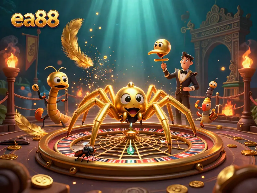 Place bets with ea88 in a thrilling casino scene featuring a golden spider and animated characters.