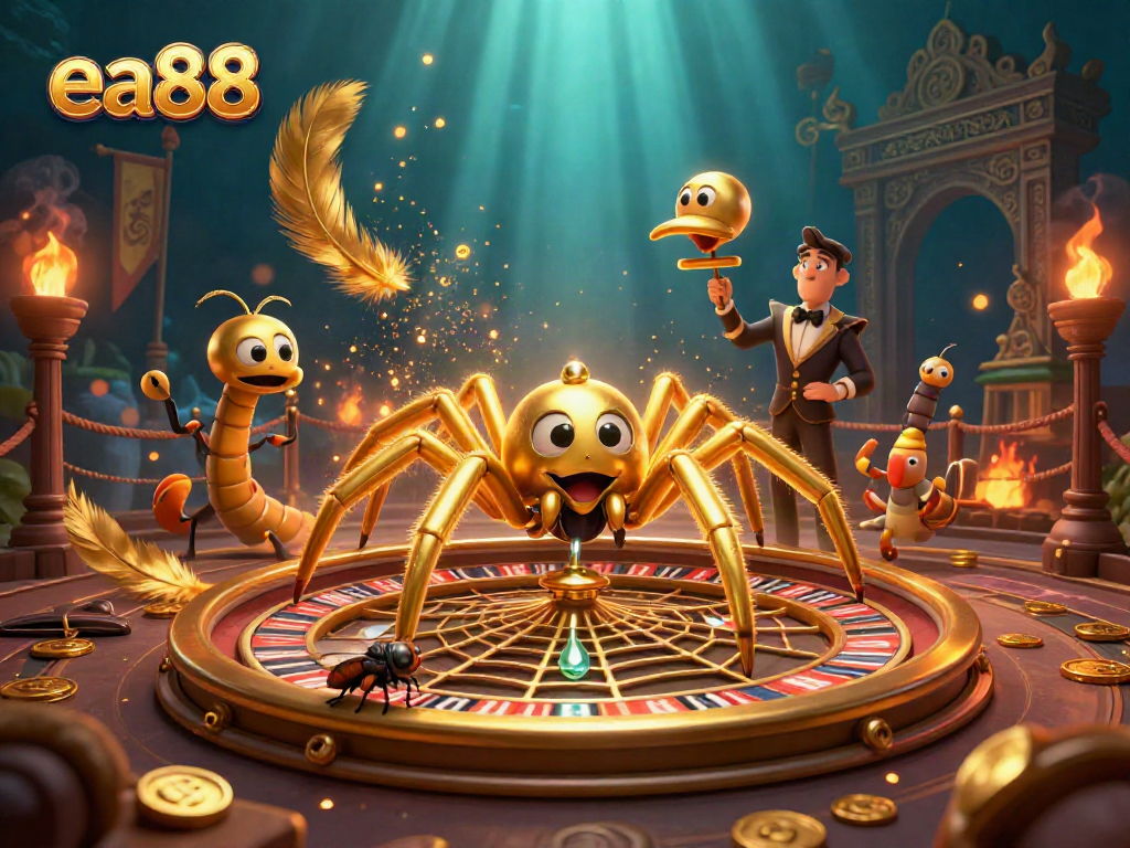Place bets with ea88 in a thrilling casino scene featuring a golden spider and animated characters.