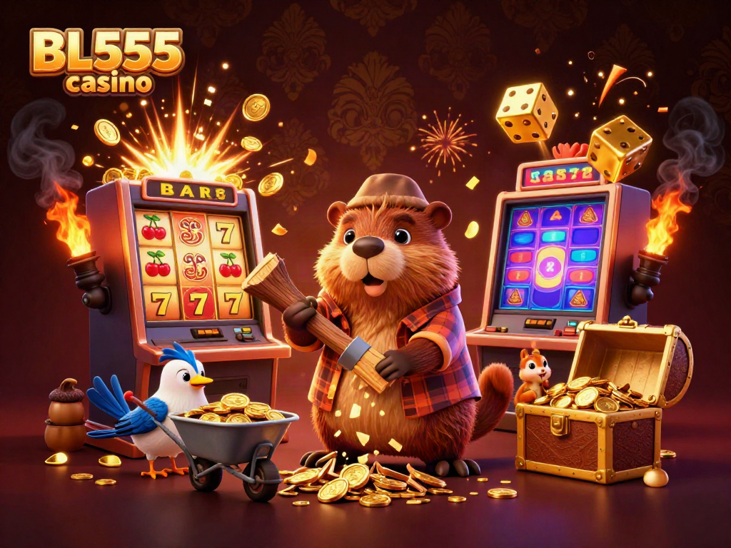 Experience excitement at BL555 casino with cartoon beaver, bird, and squirrel surrounded by gold coins and vibrant gaming elements.