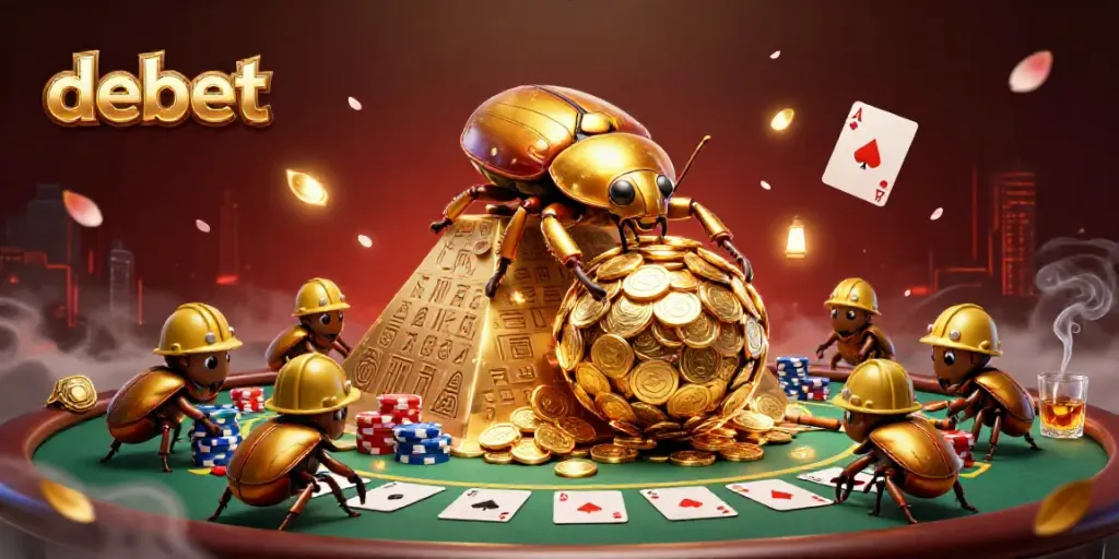 Experience the thrill of debet as golden beetles navigate a pyramid of coins amidst vibrant casino elements.