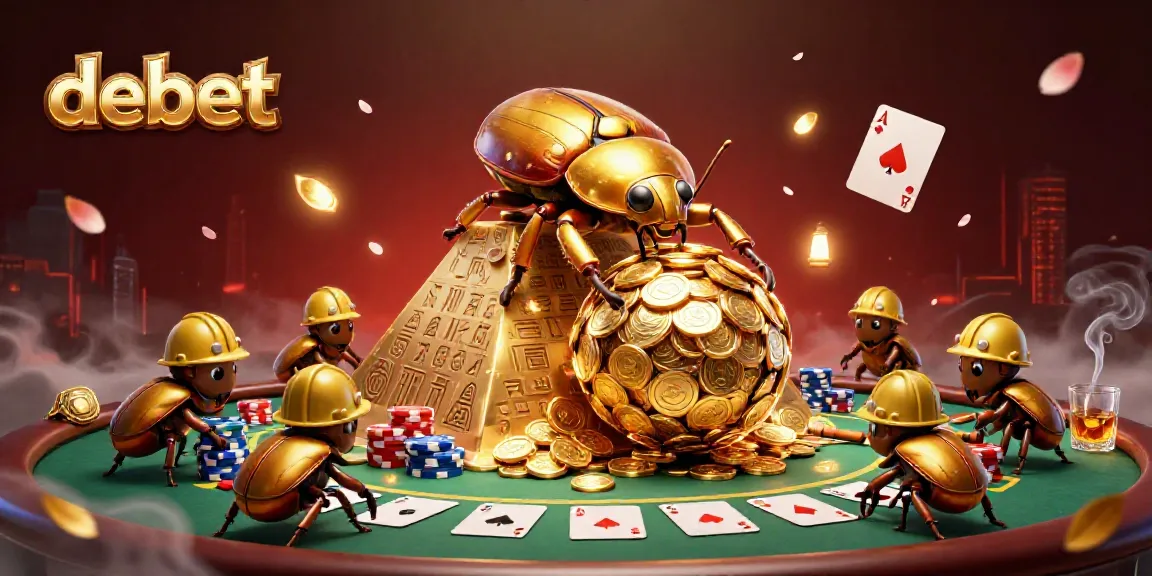 Experience the thrill of debet as golden beetles navigate a pyramid of coins amidst vibrant casino elements.