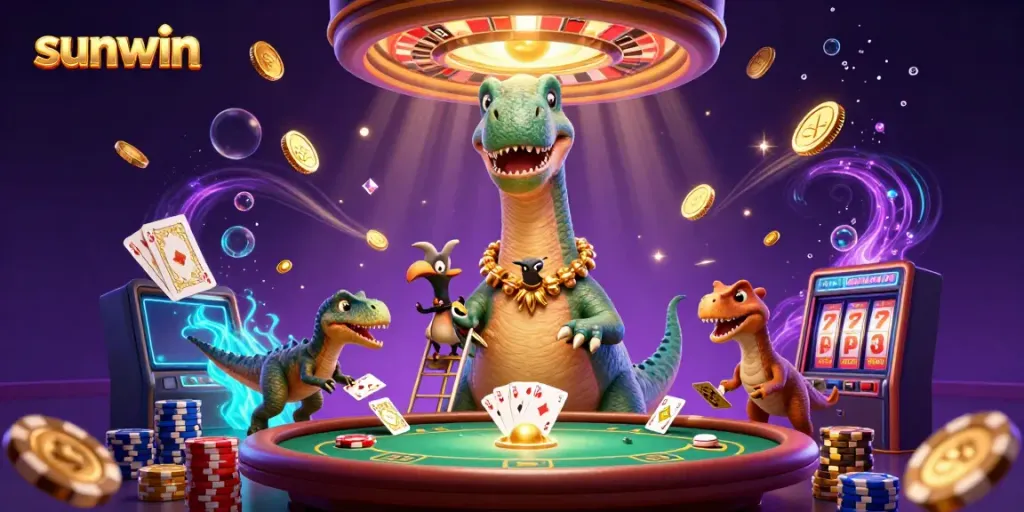 Engage in exciting gameplay at Sunwin with vibrant casino elements and playful characters in a dynamic scene.