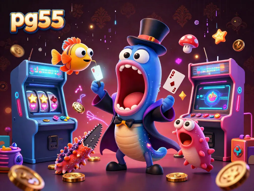 pg55 slots illustrated with bioluminescent eel card tricks in a rich casino environment, showcasing energetic gameplay