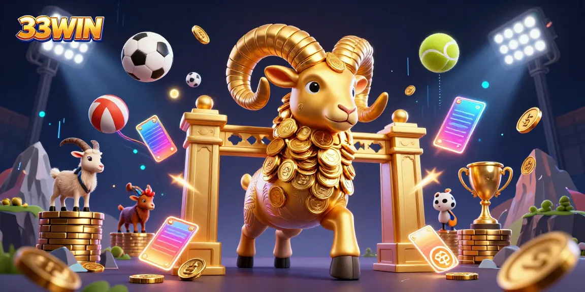 Khám phá không gian giải trí 33WIN với biểu tượng ram vàng và các yếu tố thể thao hấp dẫn.