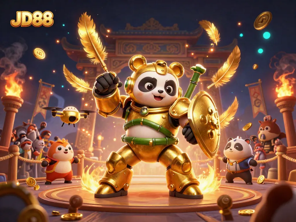 Experience the thrill of JD88 with a dynamic 3D illustration showcasing a golden panda in a mech-suit participating in a lively arena.