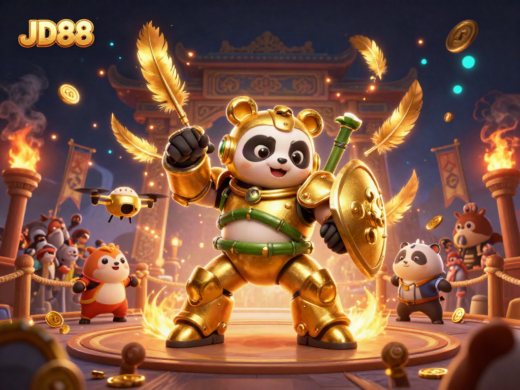 Experience the thrill of JD88 with a dynamic 3D illustration showcasing a golden panda in a mech-suit participating in a lively arena.
