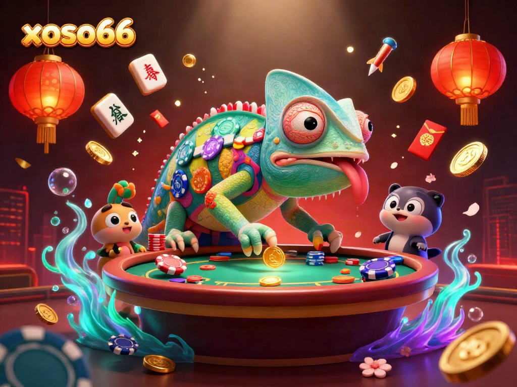 Experience thrilling wins with xoso66 as a colorful chameleon owner amidst an exciting casino scene.