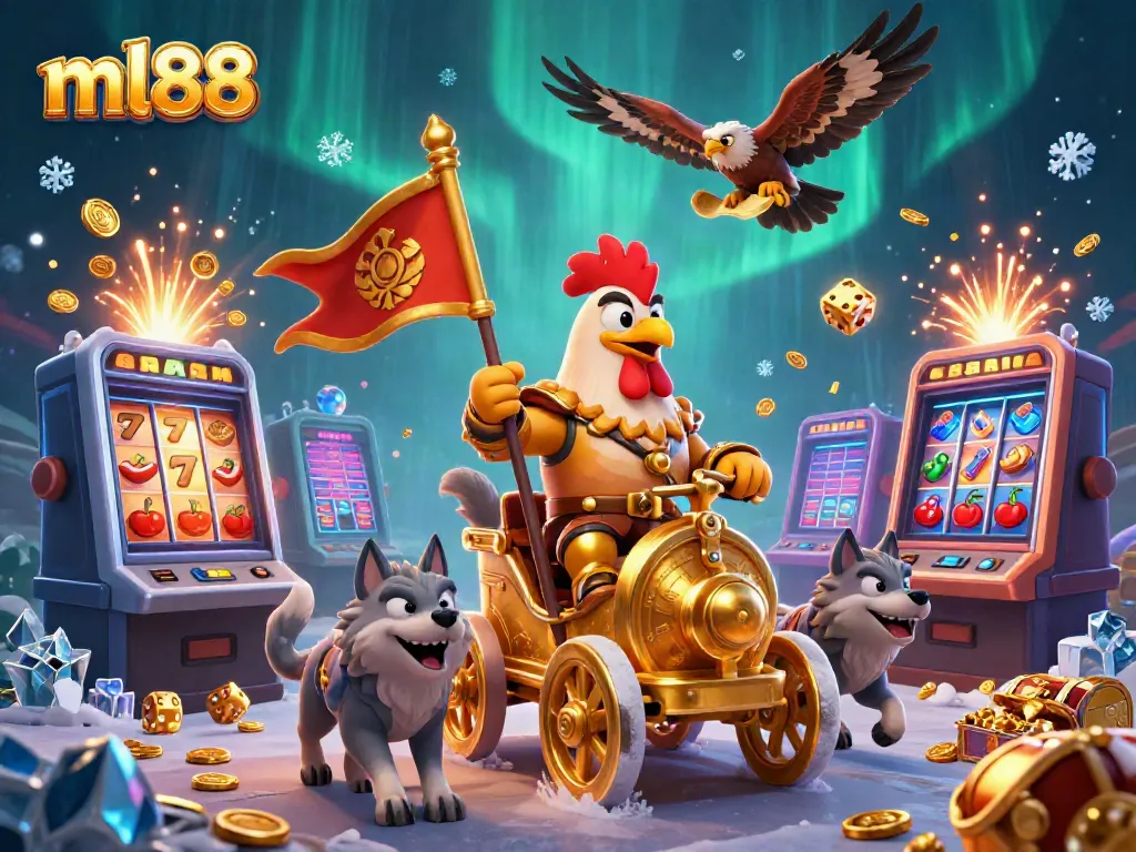 Experience the thrilling adventure of ml88 with roaring jackpots and dynamic casino action featuring a golden chariot.