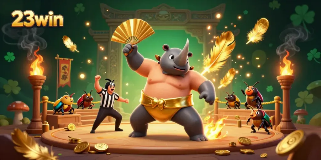 Experience thrilling gameplay at 23win with the dynamic illustration featuring beetle champions in a vibrant casino setting.