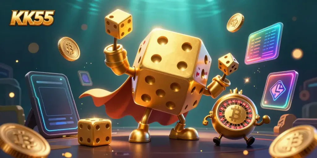 Engage with KK55's vibrant and dynamic illustration showcasing golden dice and crypto elements in a casino theme