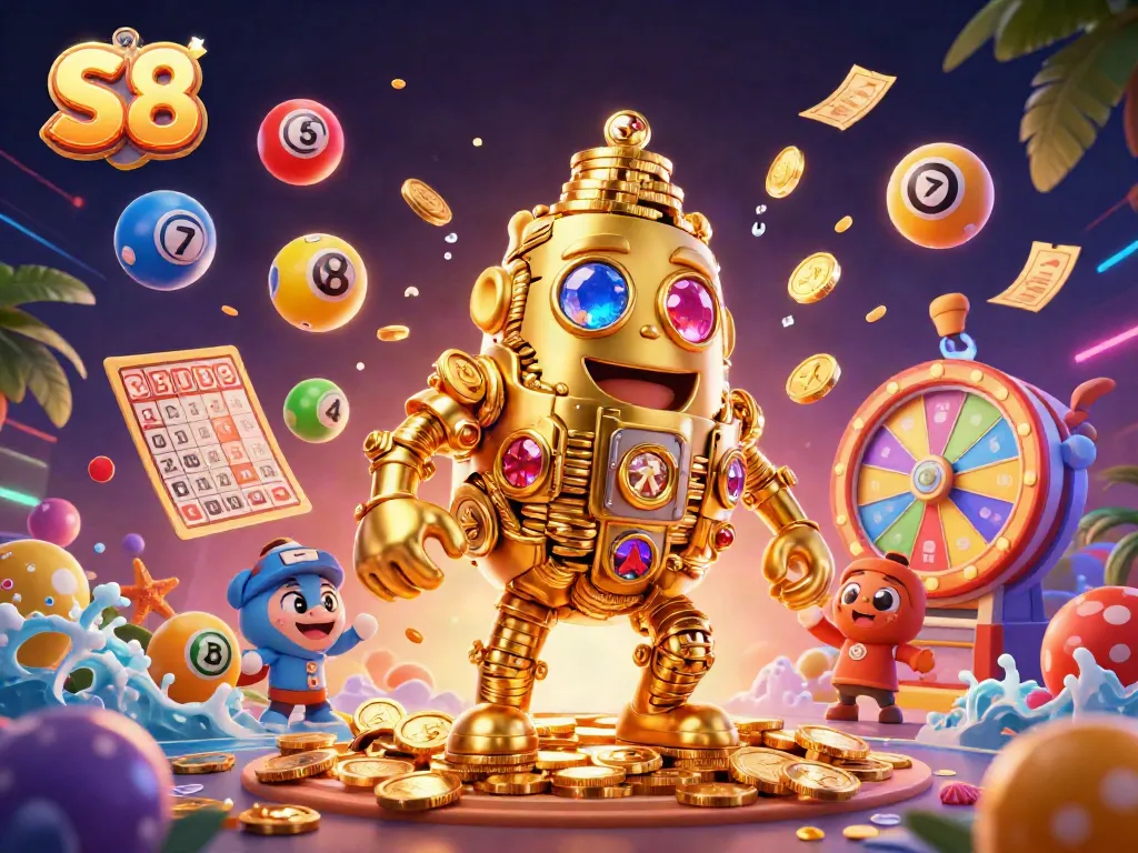 Engage in dynamic gameplay action at S8 with vibrant lottery elements and a golden golem centerpiece.