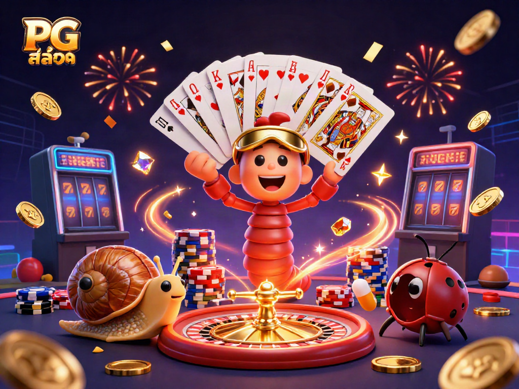 Experience thrilling action with PG สล็อต in this vibrant casino illustration filled with excitement and winning moments.