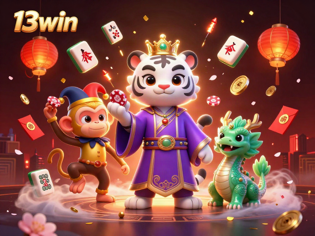 Engage in exciting games at 13win with a vibrant illustration of a tiger, monkey juggling chips, and lively casino elements.