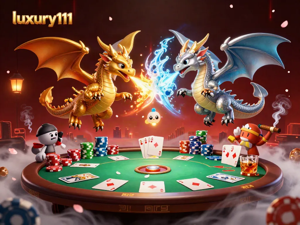 Engage with luxury111 in a thrilling casino scene featuring dynamic dragons and poker elements.