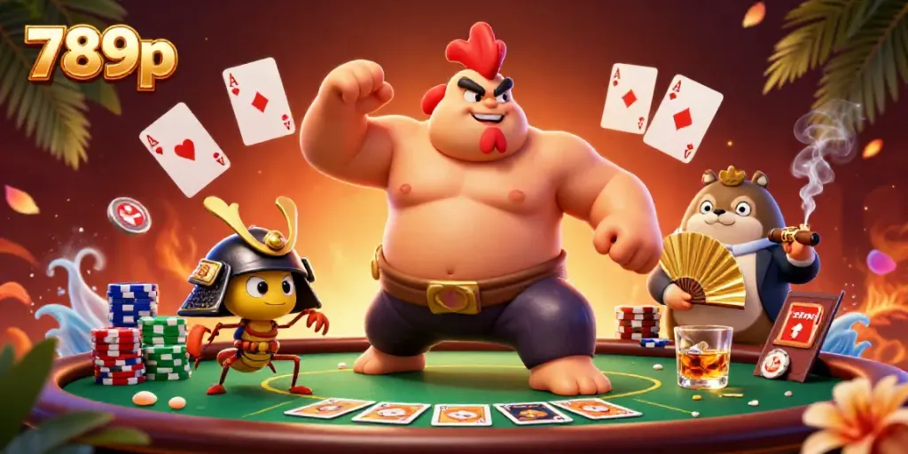 Engage in the excitement with 789p's vibrant casino scene showcasing iconic characters and dynamic poker elements.