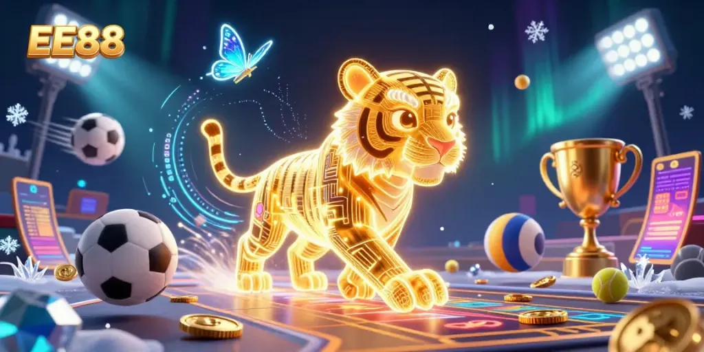 EE88 showcases a vibrant, holographic digital casino scene featuring a neon tiger amidst dynamic sports elements.