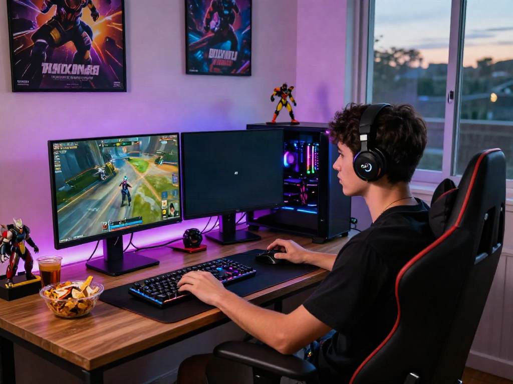 link vào 78win in an immersive gaming workspace with dual monitors and dynamic lighting