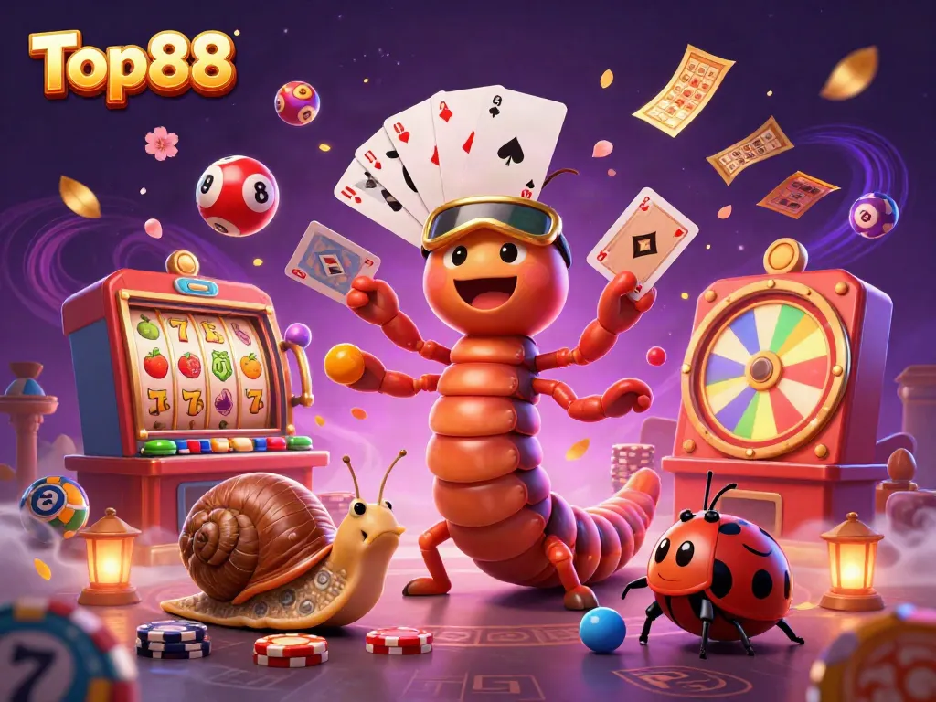 Engage with Top88's vibrant gaming world through a whimsical 3D illustration depicting an animated casino scene.