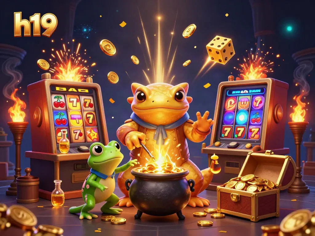 Experience h19 excitement as characters transform metals into gold in a vibrant casino scene.
