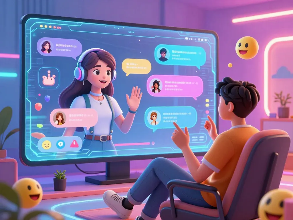 Young adult exploring ai nsfw chat with animated characters in vibrant virtual setting.
