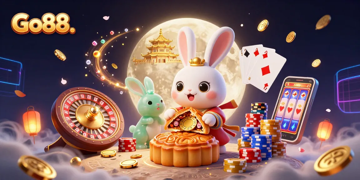 Play poker and win at Go88. A moon rabbit reveals golden poker chips on a lunar jackpot.