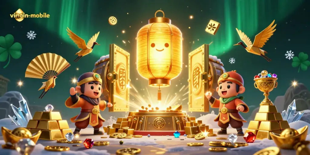 Experience exciting gaming at virgin-mobile with a vibrant lantern spirit guiding players amidst treasures and luck.