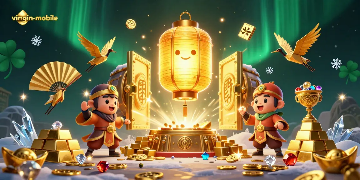 Experience exciting gaming at virgin-mobile with a vibrant lantern spirit guiding players amidst treasures and luck.
