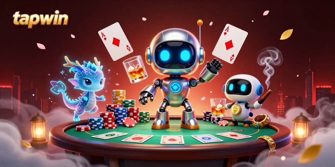 Experience tapwin's vibrant gaming world with a neon cyberpunk robot and poker chips.