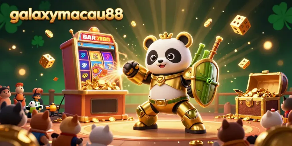 Experience exciting gaming action with galaxymacau88 as a golden panda battles in a vibrant casino setting.