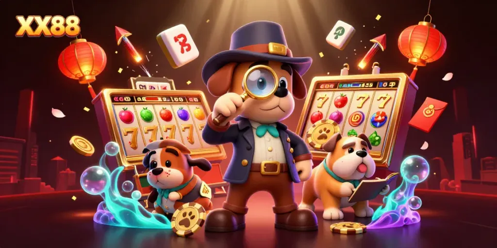 Spin the reels at XX88 with a cartoon detective revealing golden poker chip clues.