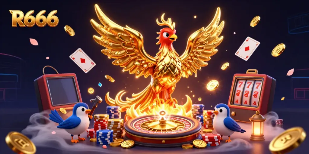 Experience R666 in this vibrant 3D illustration of a golden phoenix surrounded by casino elements.