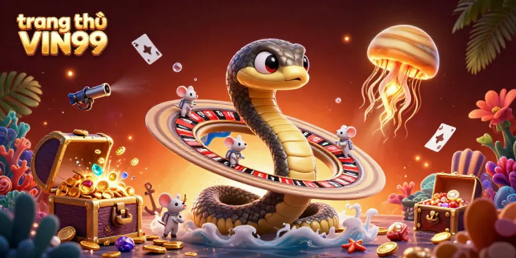 Engage in thrilling bets at trang chủ VIN99 with a vibrant 3D casino scene featuring cosmic characters.