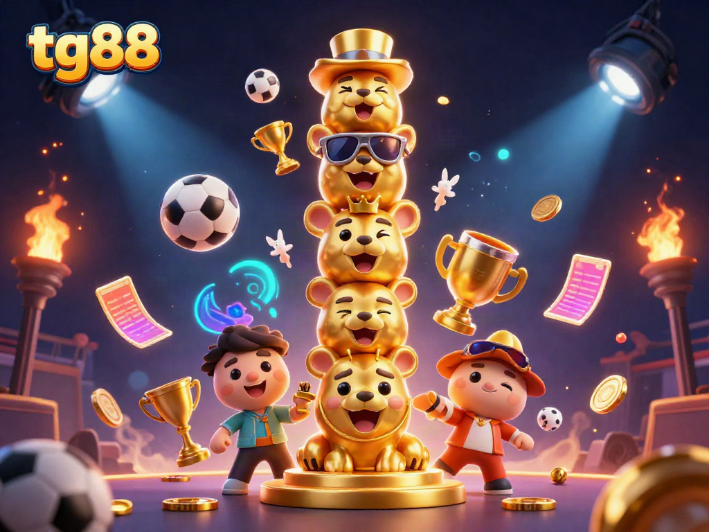 Join the excitement at tg88 with this vibrant 3D game scene featuring a dynamic totem and flying sports balls.