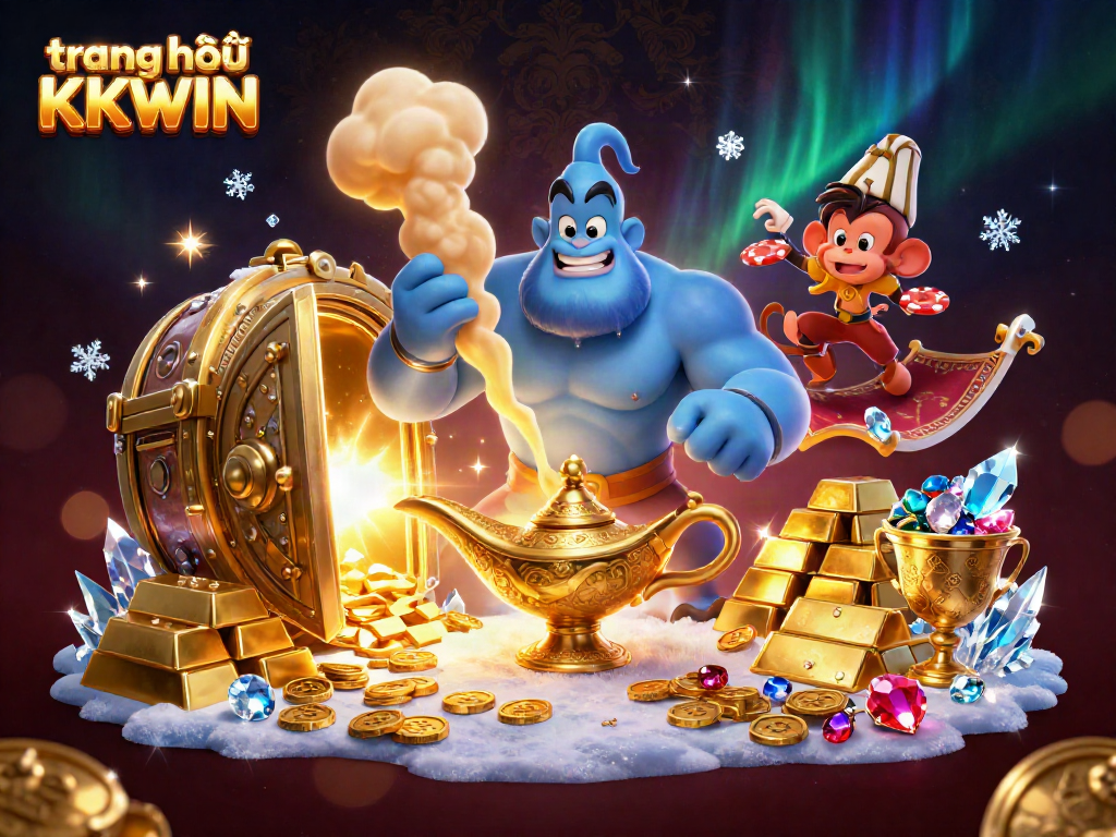 Spinning reels and poker chips herald the excitement of gameplay at trang chủ KKWIN in a vibrant 3D illustration.