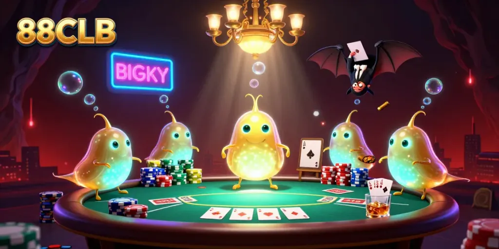 Engage with vibrant 88CLB casino action featuring glowworms, bioluminescent colors, and poker excitement.