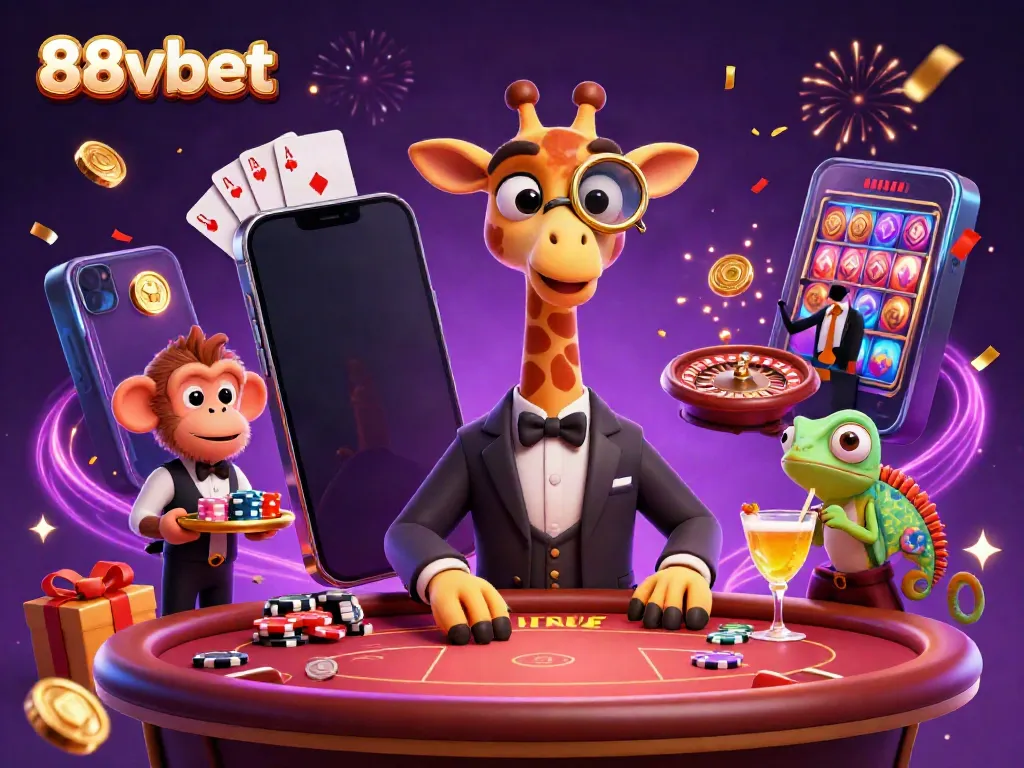 88vbet’s vibrant digital casino scene showcasing a high-roller giraffe, monkey valet, and chameleon bartender amidst gaming action.