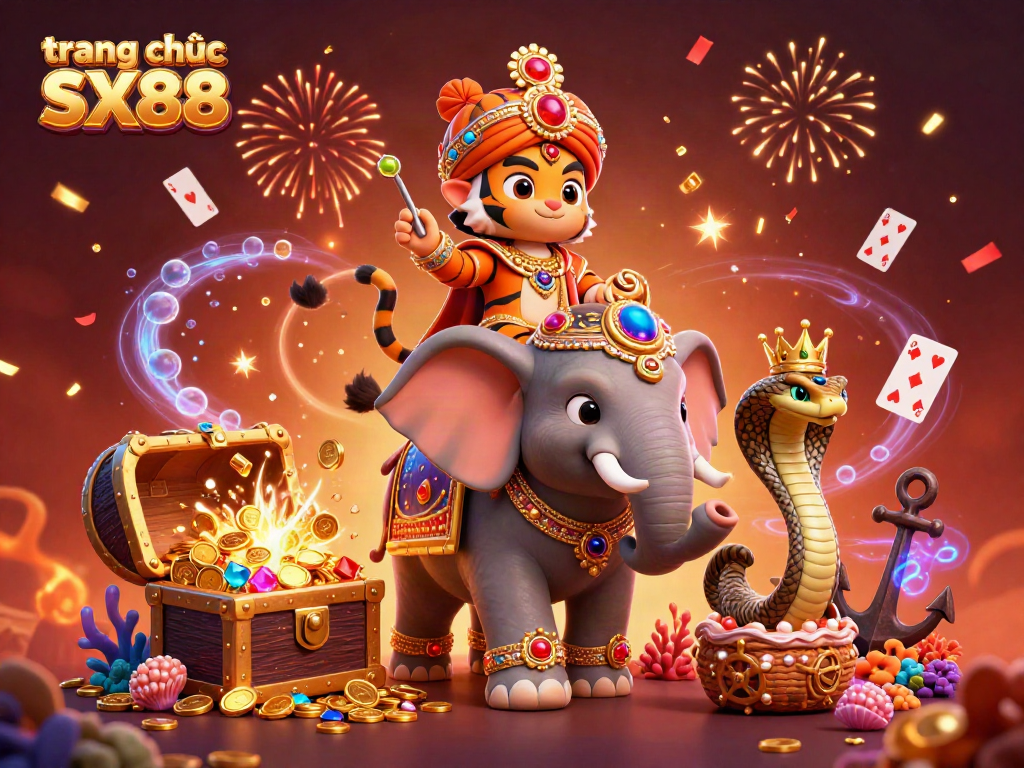 Join the excitement of trang chủ SX88 with vibrant casino elements and characters in a festive 3D scene.