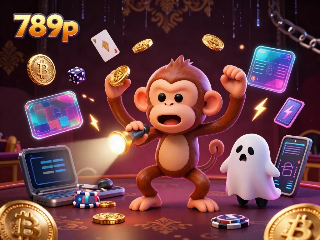 Experience thrilling 789p gameplay with a mischievous monkey and ghost-hunter puppy in a vibrant casino.