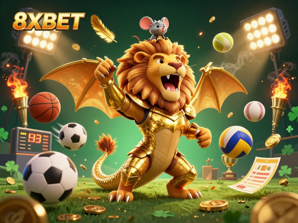 Experience thrilling sports betting with 8XBET's dynamic 3D illustration featuring a chimera and sports elements.
