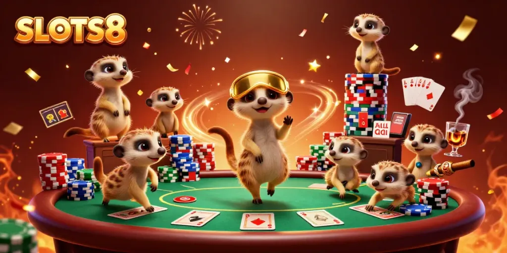 Experience the excitement of SLOTS8 with meerkats in a vibrant casino scene full of fun.