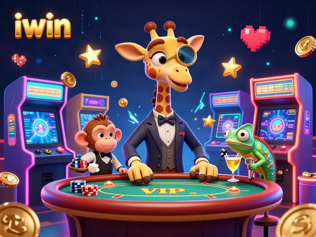 Engage with iwin's vibrant casino scene featuring a high-roller giraffe, monkey valet, and chameleon bartender.