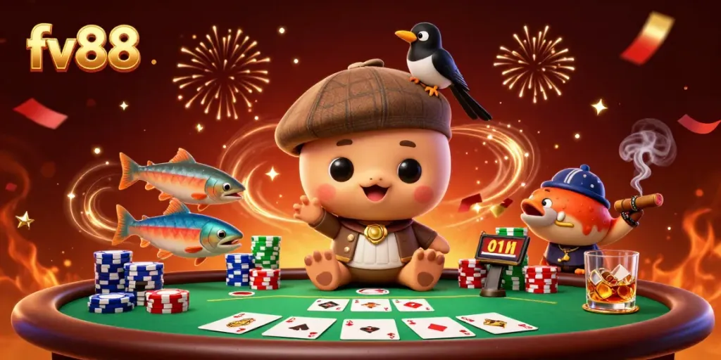 Experience the thrilling action at fv88 with Nessie and a poker showdown under festive lights.