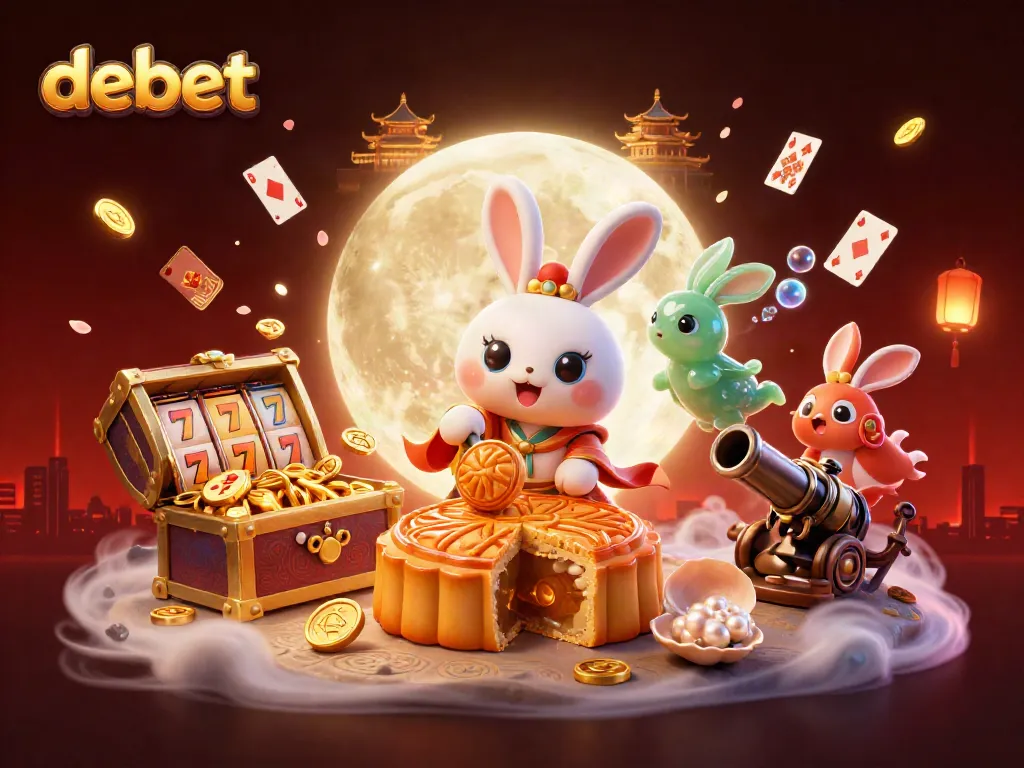Join the moon rabbit at debet for exciting slot games, surrounded by beautifully detailed casino elements.