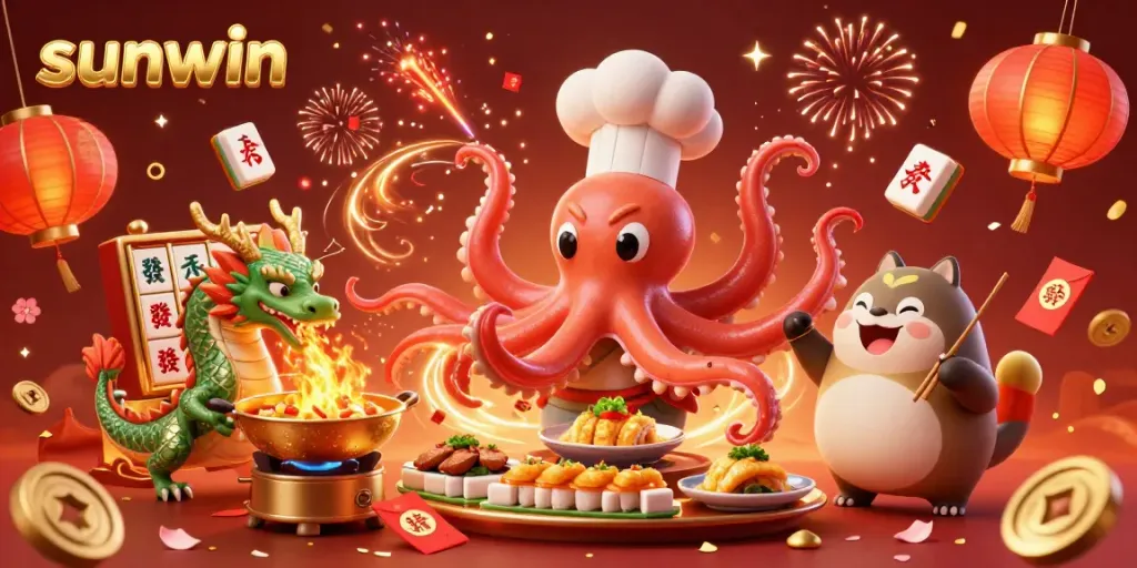 Experience thrilling gaming moments with sunwin's vibrant casino scene featuring playful characters and festive decorations.