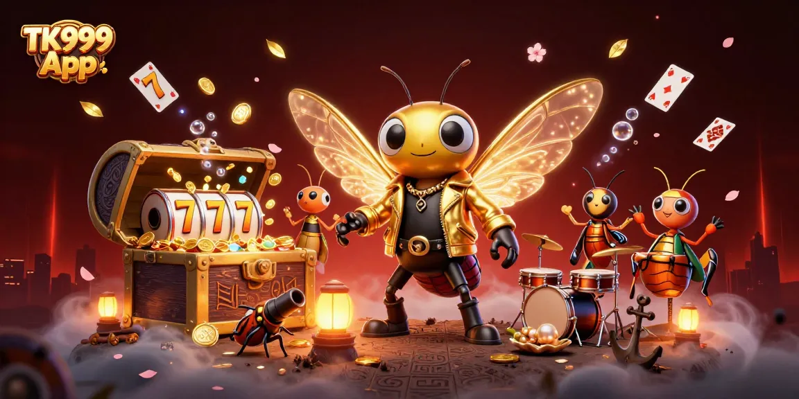 Experience winning dynamics with TK999 App in this vibrant casino scene featuring animated characters and games.