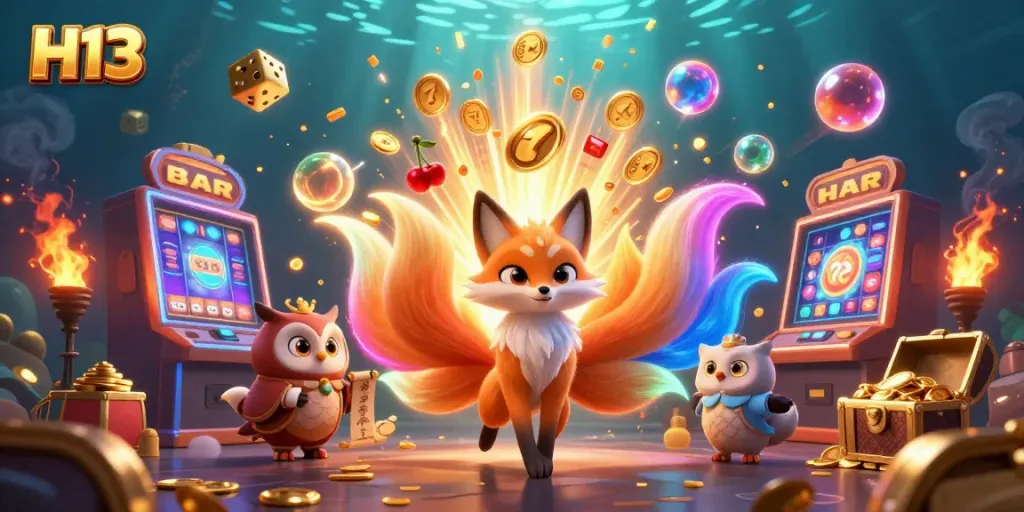 Experience H13's dynamic gaming universe with a colorful nine-tailed fox and a wise owl under dazzling casino lights.