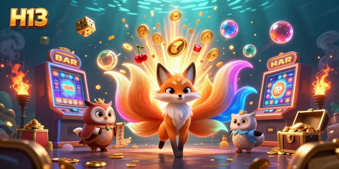 Experience H13's dynamic gaming universe with a colorful nine-tailed fox and a wise owl under dazzling casino lights.