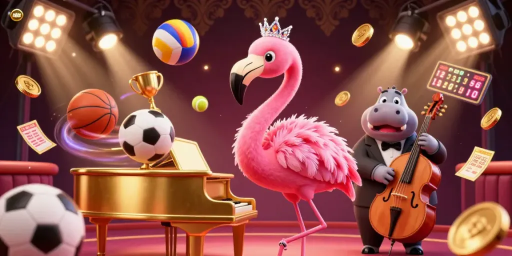 Experience the excitement of AO88 with a vibrant casino scene featuring a flamingo singer and hippo bassist.