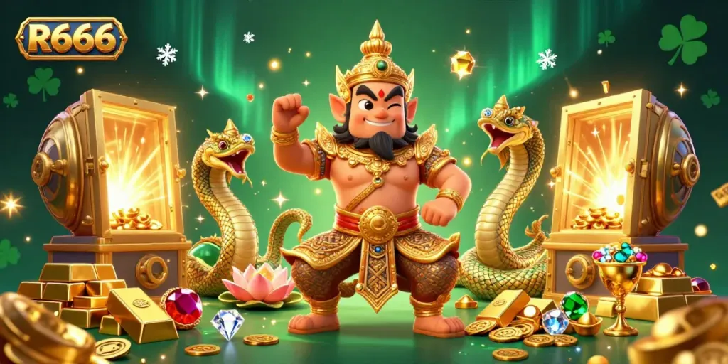 Experience exciting wins at R666, animated casino scene with guardians, treasures, and gems.
